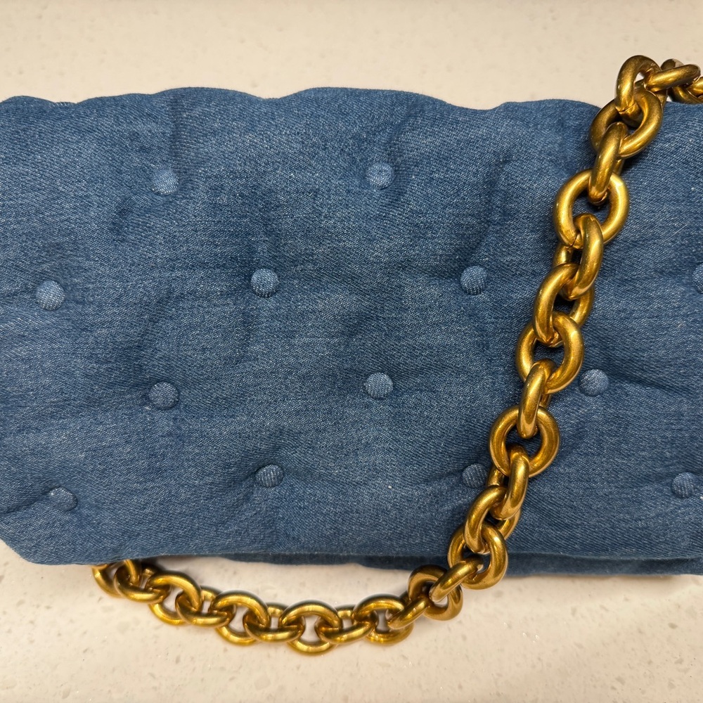Zara Denim Blue Quilted Shoulder Bag with Gold Chain